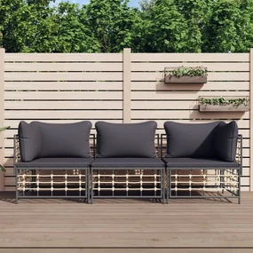 Set divani da giardino 3 pz con cuscini antracite in polyrattan