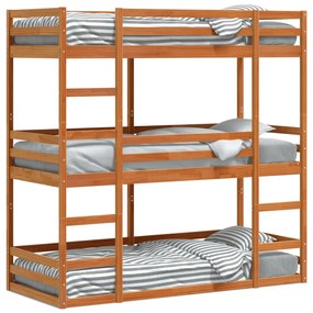 Letto Castello Triplo Marrone Cera 80x200cm Legno Massello Pino /