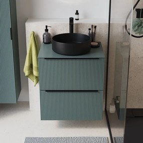 Mobile bagno sospeso Neo Groove L 61 x H 68 x P 49 cm, 2 cassetti con maniglia nero matt, top e lavabo da appoggio Studio in ceramica nero opaco inclusi, verde salvia cannettato