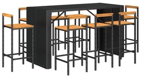 Set Bar Giardino 9 pz Nero Polyrattan e Legno Massello Acacia