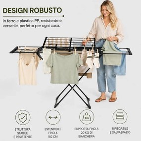 Stendibiancheria Allungabile 108-182 cm Stendino Salvaspazio Capacità 20 kg Estensibile in Ferro e PP Nero...