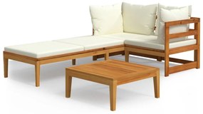 Set Divani Giardino 3 pz Cuscini Bianco Crema in Legno d'Acacia