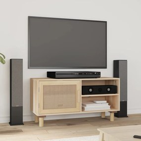 Mobile Tv Marrone 80x30x40 Cm Massello Pino E Rattan Naturale /