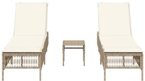 Lettini prendisole 2 pz con tavolino beige in polyrattan