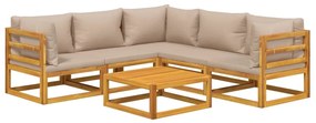 Set salotto da giardino 6pz con cuscini tortora legno massello