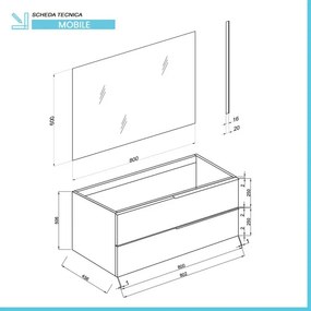 Mobile bagno sospeso 80 fango con lavabo in ceramica e specchio a filo LED Victoria