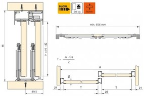 Sistema a scorrimento inferiore per armadio 2 ante di spessore 16 mm, con chiusura soft e profili in alluminio (pannelli non inc