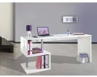 Scrivania moderna ad Esse per ufficio e studio con scaffale, Made in Italy, Tavolo da computer, Scrittoio porta PC, cm 180x60h78, Bianco lucido