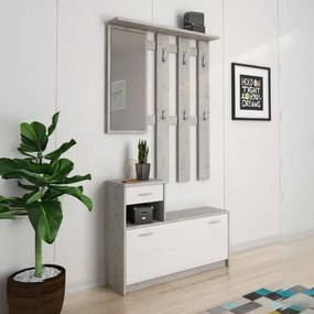 Mobile Ingresso 100 Cm Con Scarpiera Appendiabiti E Specchio Rudolf Beton E Bianco