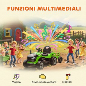 Trattore Elettrico per Bambini 12V con Rimorchio Staccabile 139x58x55 cm e Telecomando Verde...