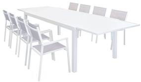 DEXTER - set tavolo in alluminio e teak cm 200/300 x 100 x 74 h con 8 poltrone Aulus