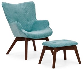 Poltrona con poggiapiedi turchese con rivestimento in velluto a coste Niko – Ropez