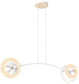 Lampadario 2 Luci Rea Acciaio Bianco Legno Naturale E Diffusori Doppio Cerchio