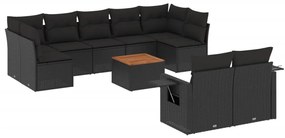 Set divani da giardino 10pz con cuscini in polyrattan nero