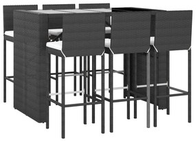 Set bar da giardino 7 pz con cuscini in polyrattan nero