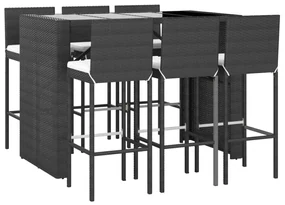 Set bar da giardino 7 pz con cuscini in polyrattan nero