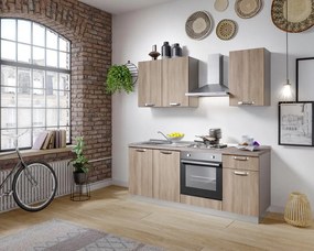 Cucina montata Dora rovere chiaro, lavello a sinistra, L 195 cm, completa di: cappa a camino, piano cottura a gas, forno,