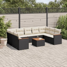 Set divani da giardino 10pz con cuscini in polyrattan nero