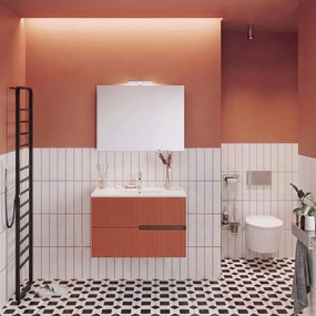 Mobile bagno Eva 80 cm, completo di lavabo in ceramica e specchio a filo con Led, 2 cassetti rovere moka e mattone cannettato.