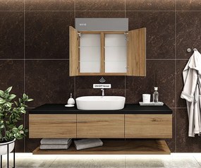 Mobile bagno con specchio LED illuminato - 66,5 x 72 cm con ripiani in vetro nel colore Rovere Oslo, in legno, di Artforma