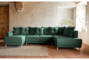 Divano letto angolare in velluto a coste verde (angolo destro a forma di U) Lazy Lukka - Miuform