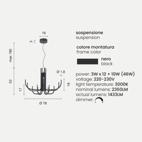 Lampada a sospensione NOUVEAU a 12 luci LED in metallo verniciato NERO