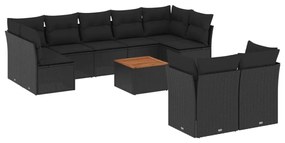 Set divani da giardino 10pz con cuscini in polyrattan nero