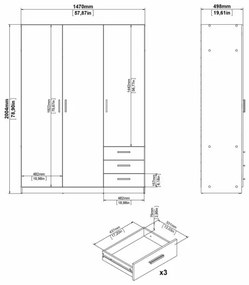 Armadio Guardaroba 3 Ante 3 Cassetti Con Barra Appendiabiti Bianco