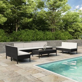 Set Divani da Giardino 10 pz con Cuscini in Polyrattan Nero