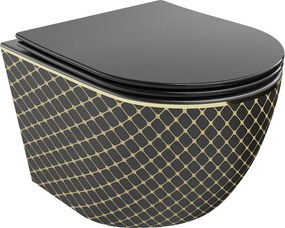 Mexen Lena tazza wc Rimless con sedile a chiusura rallentata slim, duroplast, nero opaco/motivo a griglia oro - 30224079