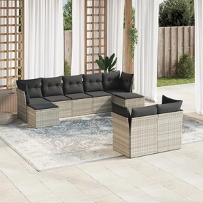 Set divano da giardino 9pz con cuscini grigio chiaro polyrattan