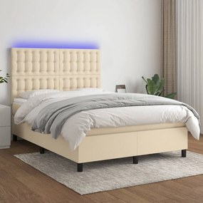 Letto a molle con materasso e led crema 140x190 cm in tessuto