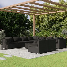 Set Salotto da Giardino 10pz con Cuscini in Polyrattan Nero