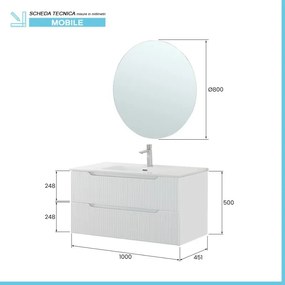 Mobile bagno sospeso 100 bianco cannettato doppi cassetto lavabo e specchio Wise