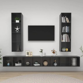 Mobile Tv A Parete 4 Pz Grigio Lucido İn Legno Multistrato /