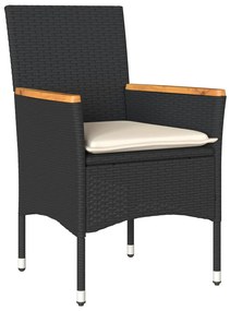 Set pranzo da giardino 3 pz con cuscini nero polyrattan acacia