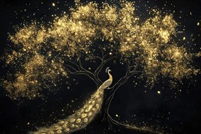 Quadro su tela – Pavone dorato sull'albero