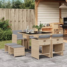 Set pranzo da giardino 9 pz con cuscini beige misto polyrattan