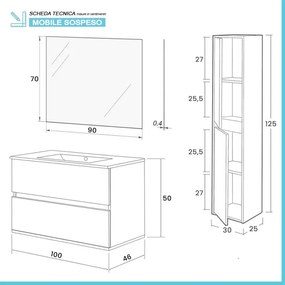 Mobile bagno sospeso 100 cm rovere bianco con pensile H 125 cm Nadia