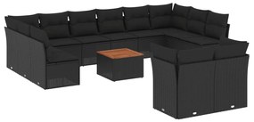 Set divani da giardino 13pz con cuscini nero in polyrattan