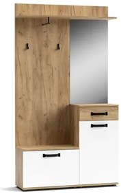 Mobile Da Ingresso 104x32x190 Con Ante E Specchio Bianco E Rovere Mosso MO6