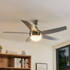 Ventilatore da soffitto Lindby con luce Auraya, silenzioso, acciaio Auraya, Alluminio / Grigio / Zincato, Soggiorno / Sala da pranzo, Metallo, Moderno