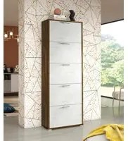 Scarpiera Surfinia, Mobile multiuso da ingresso con 5 ante a ribalta, Armadietto portascarpe a doppia profondit, Made in Italy, Cm 67x28h183, Bianco e Rovere