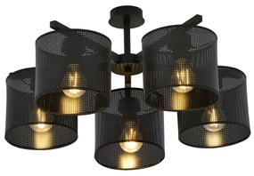 Plafoniera Industrial 5 Luci Cigno In Acciaio Nero E Paralumi A Cilindro