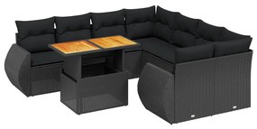 Set divani da giardino 9 pz con cuscini nero in polyrattan