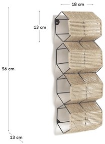 Kave Home - Portabottiglie da parete Francina in metallo nero e juta finitura naturale 17,5 x 56 cm