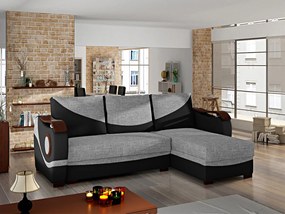 Divano letto matrimoniale angolare Terranova - Ecopelle nero+tessuto grigio liscio