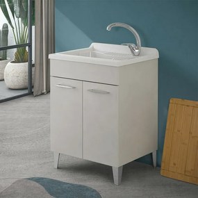 Mobile lavatoio 60x50 cm grigio calce vasca in resina e kit di scarico Moon