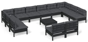 Set divani da giardino 13 pz con cuscini neri massello di pino