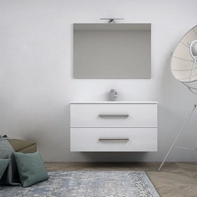 Mobile bagno bianco lucido 100 cm sospeso a due cassetti con specchio filo lucido